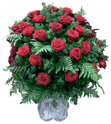 КОРЗИНА «РОЗА», С ЖИВЫМИ ЦВЕТАМИ  (0,7м) (80 шт - розы, аспарагус, гипсофилл, рабелини)
